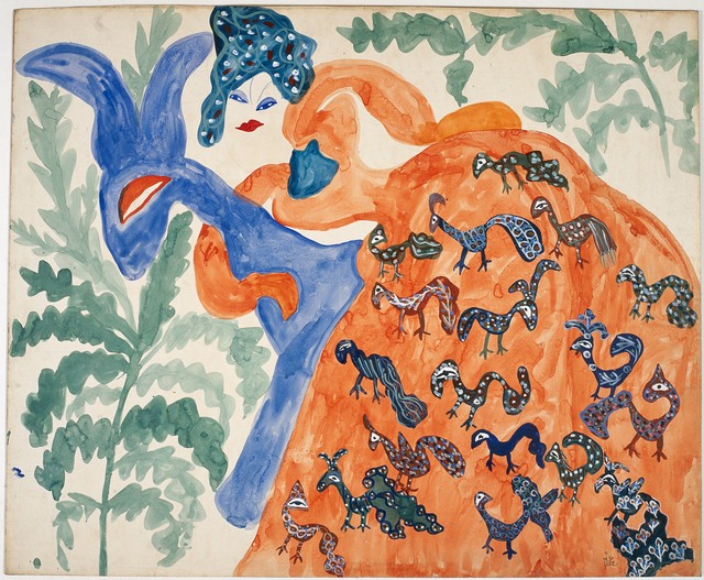 Uma mulher com cabelo azul e vestido laranja coberto de pequenas aves abraça o pescoço de um cavalo azul; folhas verdes cercam as figuras sobre o papel claro.