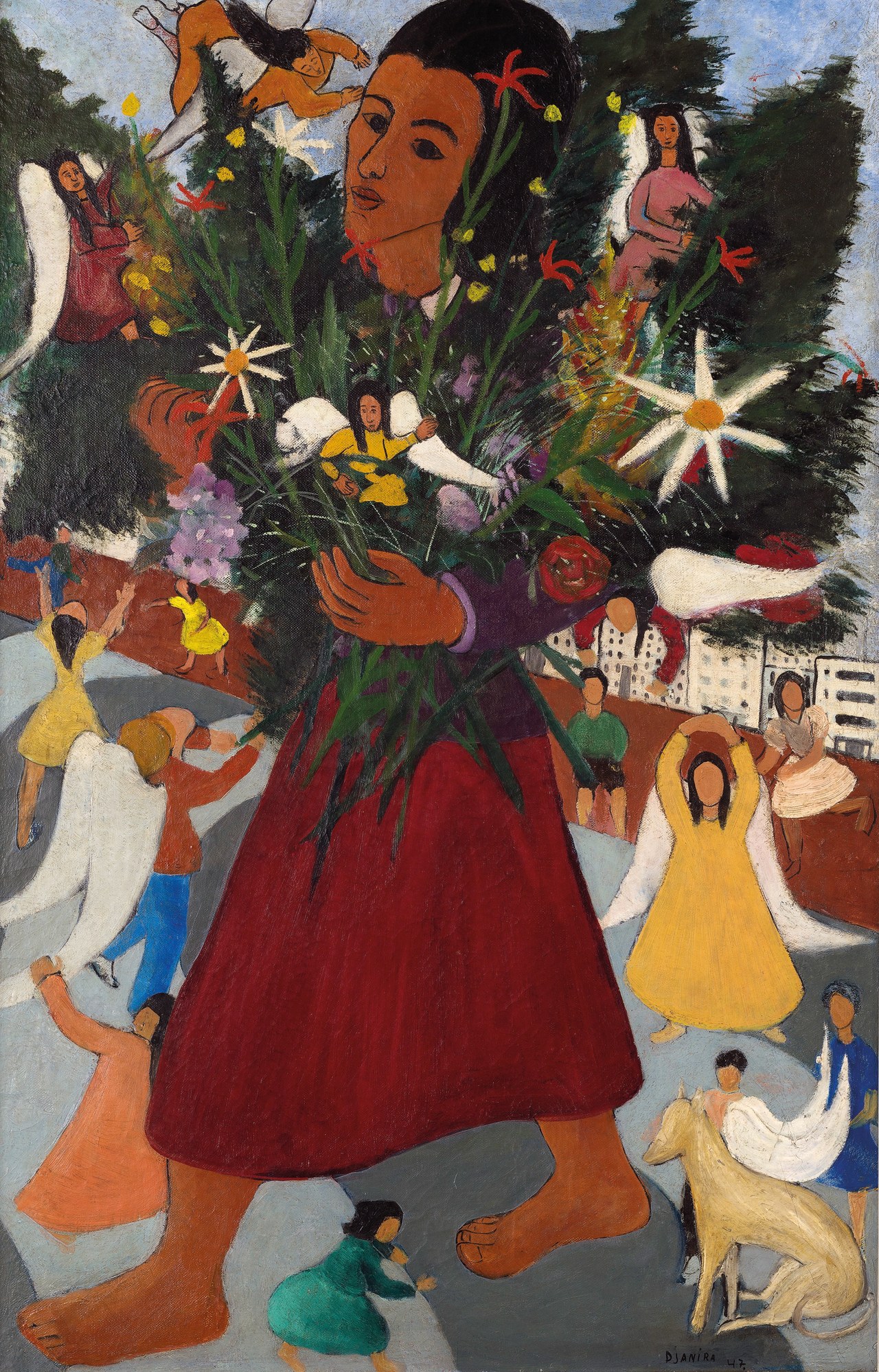 Jovem descalça, de saia vermelha e casaco roxo, segura um grande ramo de flores; figuras pequenas, algumas com asas brancas, a cercam diante de árvores e edifícios.
