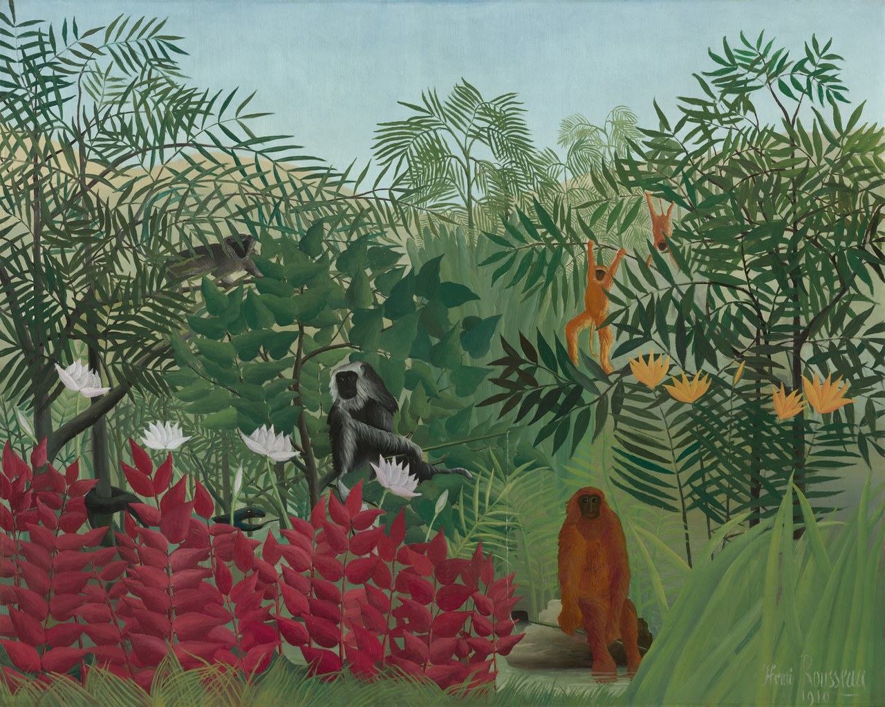 Cinco macacos cinzentos e alaranjados aparecem entre folhas sobrepostas; flores brancas e amarelas e plantas vermelhas cercam uma pequena abertura no primeiro plano.
