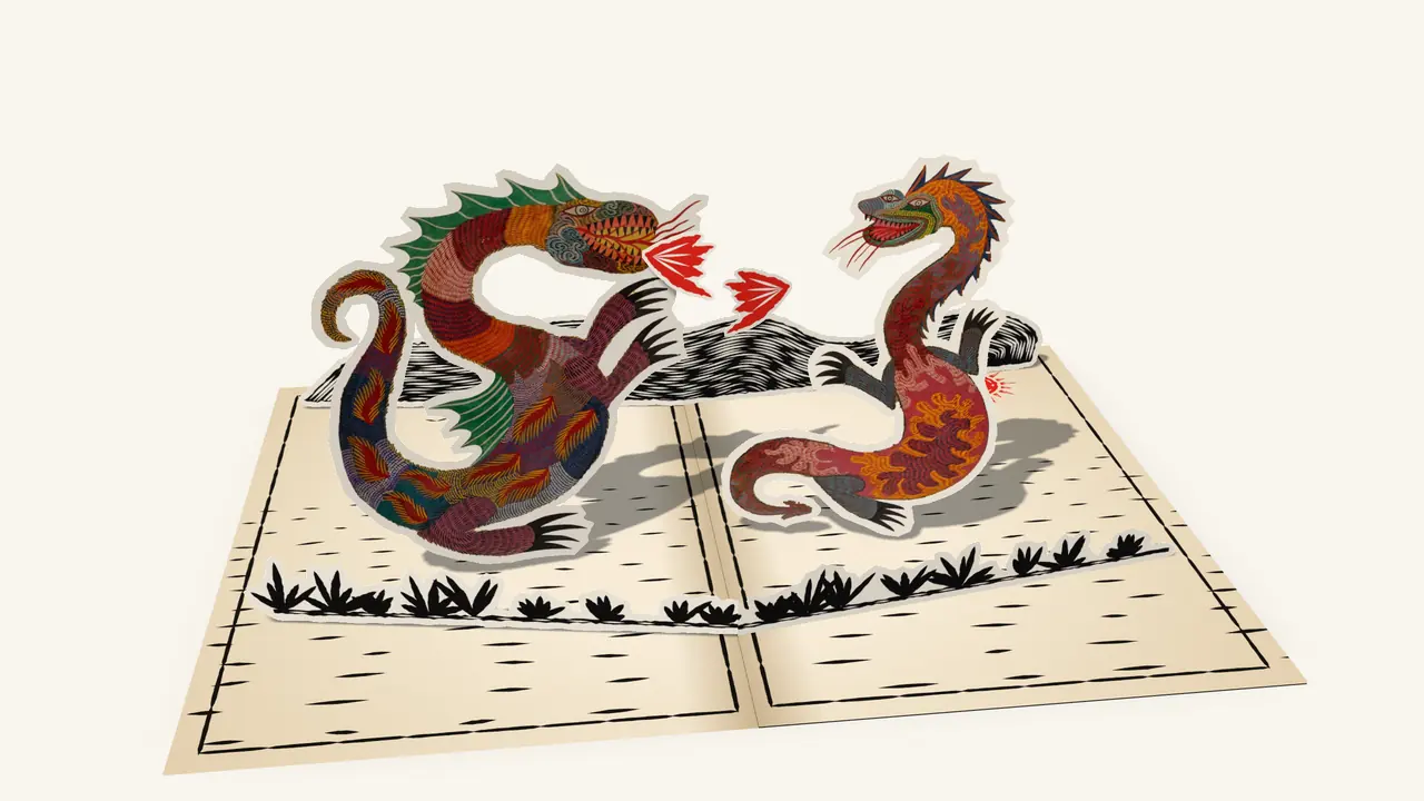 A pop-up cordel booklet lying on the page. Its woodcut cover shows two dragons. As you scroll, the leaves turn and paper animals cut from paintings by Chico da Silva rise from the pages: the two dragons face off on a sunny afternoon, a wading bird waits by the sea for a fish to leap from the waves at sunset, and at night a bird covered in hearts flies under the moon above a fantastic beast. At the end, the night page fills the screen.